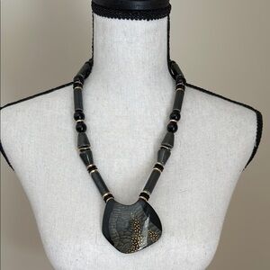 Vintage Black Gold Tone Ceramic Large Bead Abstract Pendant Necklace Japan
